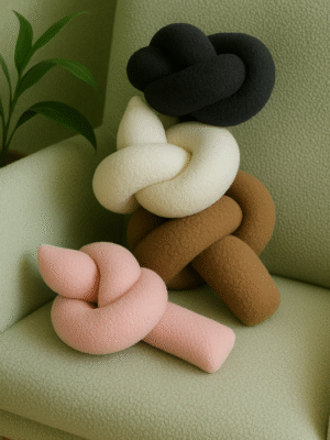 Plush Knot Pillows on Green Chair Noud – مخدة نود 🔗✨